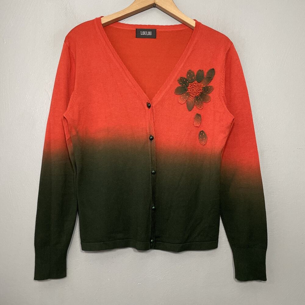 LouLou Cardigan Size Medium Dark Green Orange Ombre Embroidered Artsy Whimsigoth